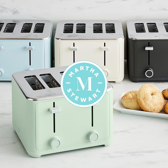 Martha Stewart 4 Slice Toaster, 10 Shade Settings with Defrost, Cancel, Bagel & Gluten-Free, Extra-Wide Self-Centering Slots for Waffles, Artisan Bread, Removable Crumb Tray, Cord Wrap,1800W, Honeydew