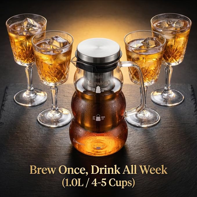 Cold Brew Coffee Pitcher (1.0L/34oz) - Elegant Sleek Wave Borosilicate Glass Pitcher with 100um 304 Stainless Steel Filter & Airtight Lid, Efforless Mannual for Beginner, Sophisticated Gift