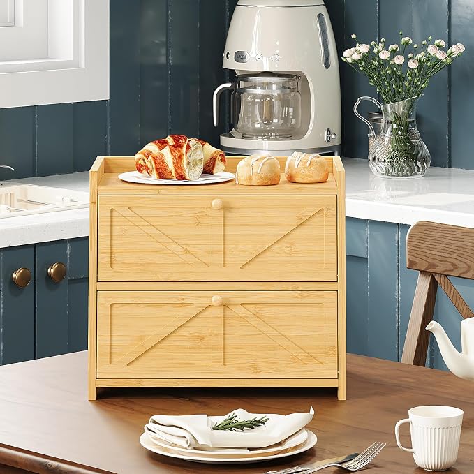 Trironsun Vintage Double Layer Bread Box for Kitchen Counter Bamboo Bread Storage Container Large Capacity Bread Storage Bin (Natural Bamboo)