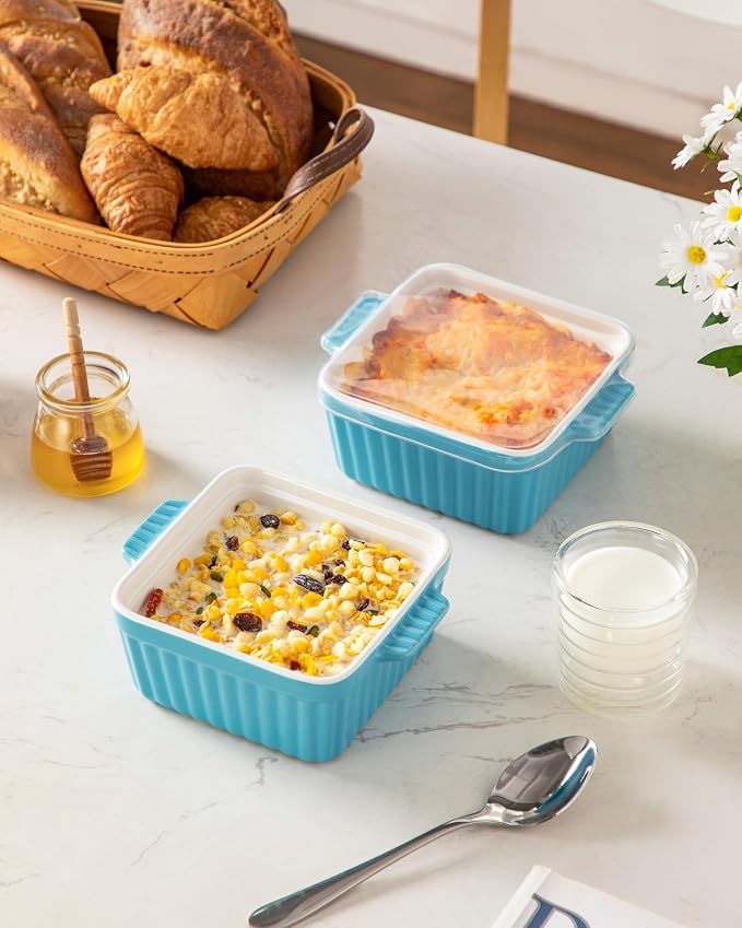 MALACASA Baking Dishes for Oven, Small Ceramic Baking Dishes with Silicone Lids for Individual Portions 5.5" x 5.5" Square Casserole Dishes Set of 2 Oven Microwave, and Air Fryer Safe, Blue