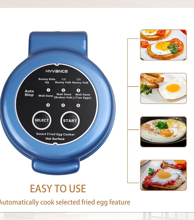 Hyvance Smart Fried Egg Cooker, Automatic Fried Egg Maker for 6 Features like Sunny Side Up, Over Easy, Fully Cooked & More. Auto Power Off, Alarm, Round Shape, Non Stick Coating
