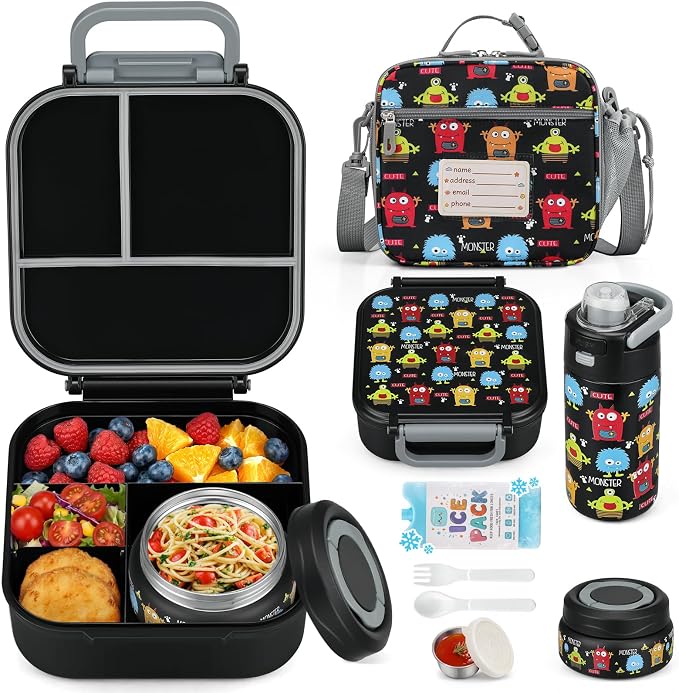 Itslife Bento Box for Kids Set, Insulated Food Container,Kids Lunch Box, 7 oz Thermos for Hot Food, 12 oz Thermos Water Bottle, Reusable Insulated Ice Bag & Fork Spoon Utensils Camping Travel Black