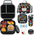 Itslife Bento Box for Kids Set, Insulated Food Container,Kids Lunch Box, 7 oz Thermos for Hot Food, 12 oz Thermos Water Bottle, Reusable Insulated Ice Bag & Fork Spoon Utensils Camping Travel Black