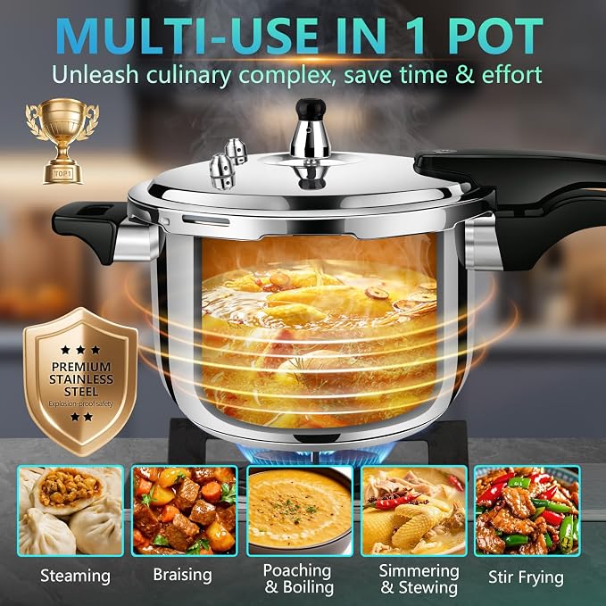 6QT Stainless Steel Pressure Cooker, Heavy Duty Food Grade 304 Pressure Canner with Safety Valve & Heat-Resistant Handle, Compatible with All Stovetops for Home Cooking & Canning