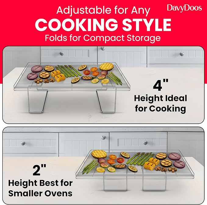 Flip-Free Crispmaster 1st Ever 4-Inch Elevated Roasting, Baking, and BBQ Rack for 360° Heat Stainless Steel Wings, Fries, Chicken, Veggies, Turkey for Oven, Grill, or Smoker 17” x 13”