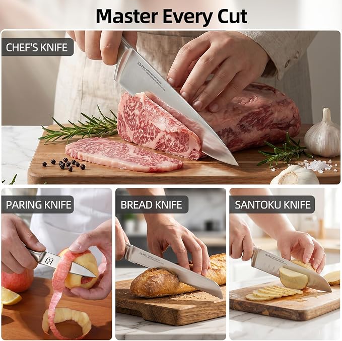 KnifeSaga Kitchen Knife Set with Block and Detachable Sharpener | 8-Piece High Carbon Stainless Steel Knife Block Set, Fully Forged Blades & Compact Design