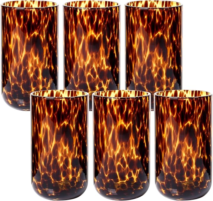 Tortoise Shell Drinking Glasses Set of 4, Brown Decorative Tortoise Shell Tumbler Cups for Wine & Drinks，Drinking Glasses for Wedding Gifts, Housewarming, Cocktail Party (6, 15oz)