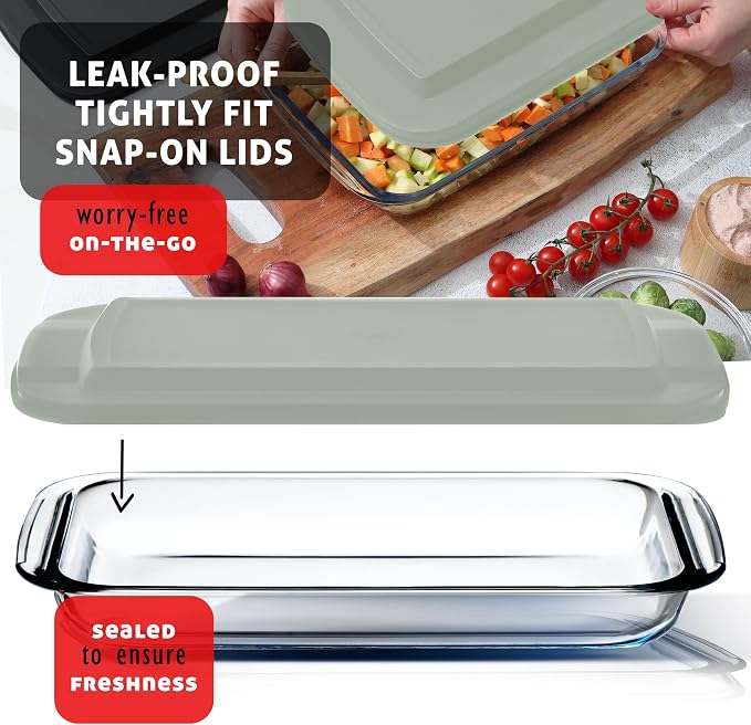 Eatex 8-Piece Deep Glass Casserole Dishes for Oven with Plastic lids, Rectangular Glass Baking Dish Set, Baking Pans for Lasagna,Leftovers, Cooking, Kitchen, Freezer-to-Oven and Dishwasher, Sage Green