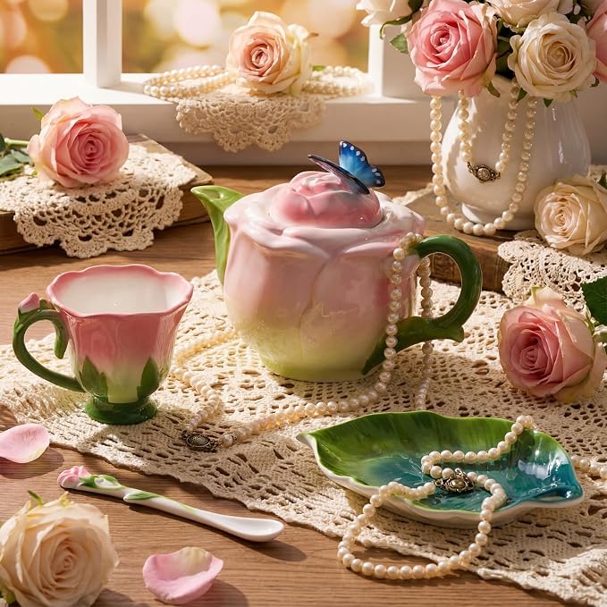 Rose Flower Teapot and Cup Set – 22oz Ceramic Decorative Teapot & 6.8oz Cup with Saucer & Spoon for Women, Pink Hand Painted Vintage Floral Teaware Coffee Mug Gift for Teacher Birthday Wedding