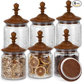 Suclain 6 Pack 17 oz Vintage Glass Jars with Wooden Crown Lids, Decorative Jars with Flower in the Window Pattern, Airtight Glass Food Storage Containers for Tea Coffee Spice Pantry Organization