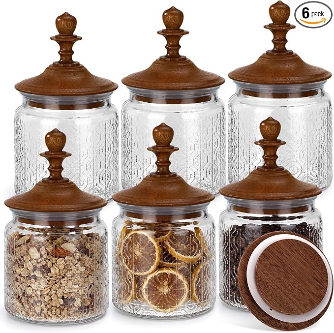 Suclain 6 Pack 17 oz Vintage Glass Jars with Wooden Crown Lids, Decorative Jars with Flower in the Window Pattern, Airtight Glass Food Storage Containers for Tea Coffee Spice Pantry Organization
