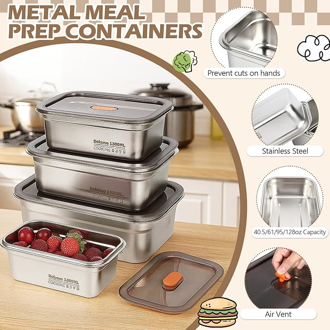 4 Pack Large Stainless Steel Food Storage Containers with Leak-proof Lids 316 Metal Meal Prep Container Lunch Box Freezer Safe Microwave Safe for Meal Prep Bento (41oz, 61oz, 95oz, 128oz)