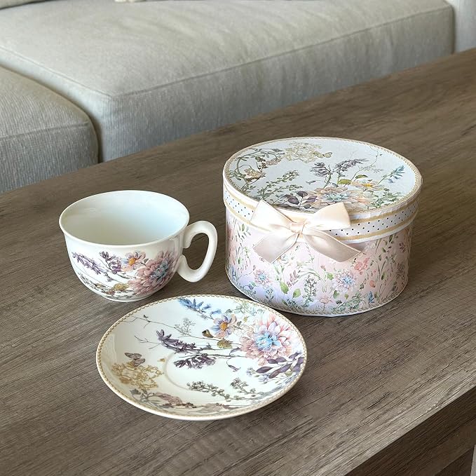 STP GOODS Bone China Tea/Coffee Cup and Saucer in Gift Box Fine Bone China Coffee Cup with Saucer Tea Cup and Saucer Set of One,Porcelain Cup and Saucer (Wildflower Meadow)