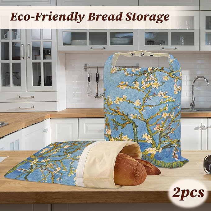 Bread Bags for Homemade Bread, Blossoming Almond Tree Van Gogh 2 Pack Linen and Beeswax Sourdough Storage Bags, Reusable Keeper, Keeps Breads Fresh Longer, Gifts for Bakers