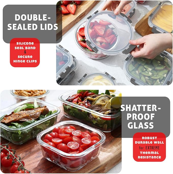 Nestl 48pc Glass Storage Containers with Lids, 24 Glass Food Storage Containers with 24 Airtight Lids for Pantry & Kitchen, Meal Prep Containers for Lunch, Oven Microwave & Dishwasher Safe, Gray