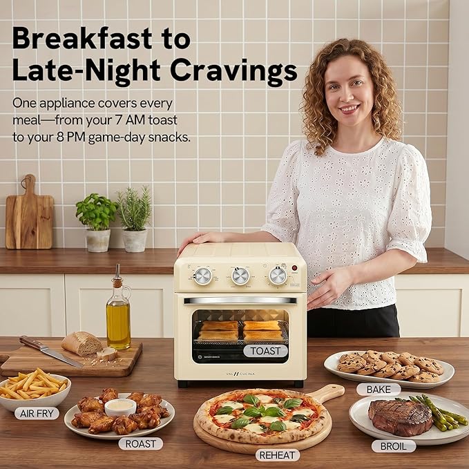 VAL CUCINA 6-in-1 Air Fryer Toaster Oven Combo, Compact 12.7 QT Small Countertop Convection Oven, Fits 9" Pizza & 4 Toast, Hexagon Hybrid Heating, Enamel Baking Pan