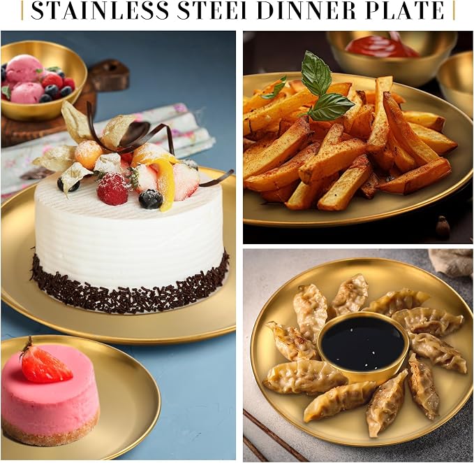 Layhit 18 Pcs Gold Stainless Steel Dinnerware Set 10'' Metal Gold Dinner Plates 8'' Thickened Dinner Dishes 3.5'' Sauce Bowls Stackable Dishware for Kitchen BBQ Party Picnic, Service for 6