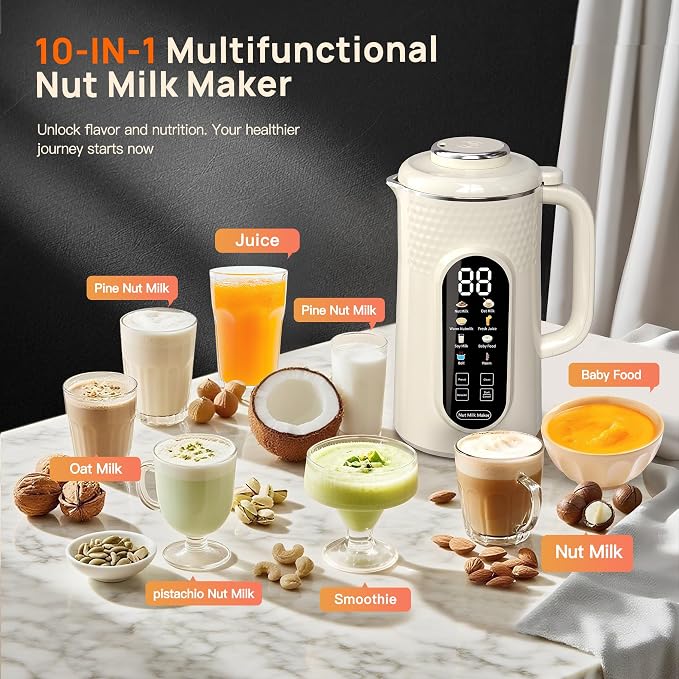 10 in 1 Nut Milk Maker Machine, 42oz IMD Screen Almond Milk Maker, Soy Milk Maker with Self-Cleaning, Delay Start, Keep Warm, Boil Water, Automatic Plant-Based Milk Maker for Soybean, Oat, Coconut