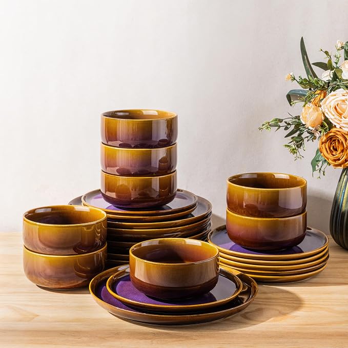 TheTerra Ceramic Dinnerware Sets for 8, 24 Pieces Handmade Reactive Glaze Plates and Bowls Set, Scratch Resistant Dish Set, Oven & Microwave & Dishwasher Safe, Amber Amethyst