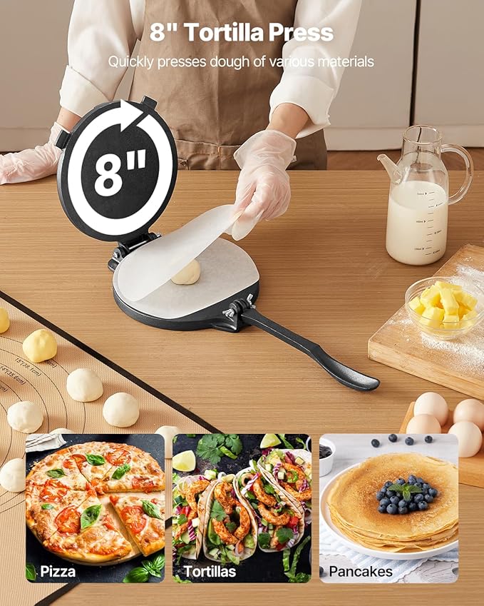 VEVOR Tortilla Press, 8 Inch Cast Iron Tortilla and Roti Maker, Heavy Duty Tortilladora Press, Pataconera Makers with Handle and 100 Pcs Parchment Paper, Dough Taco Press for Flour Tortilla, Tawa