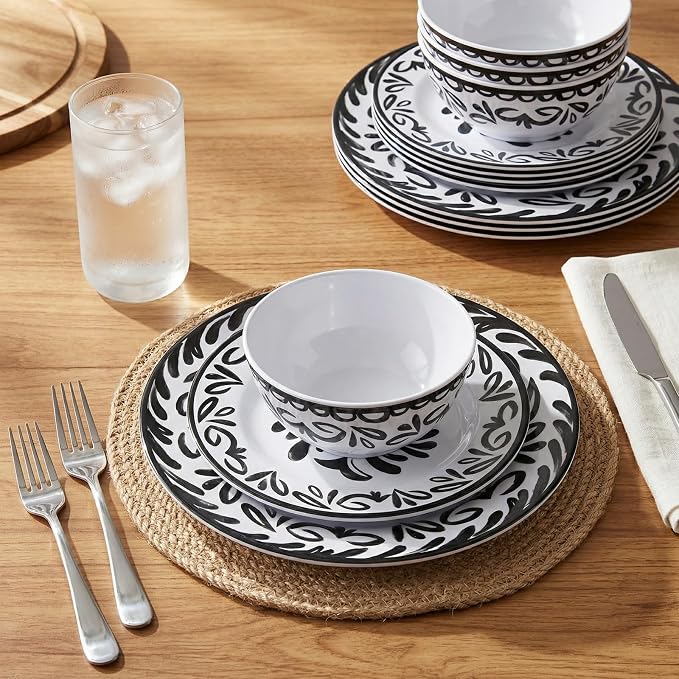 12-Piece Melamine Plates and Bowls Set - Artistic Black & White Design Dinnerware Set， Service for 4, Lightweight Melamine Dishes Set for Indoor and Outdoor Use，Black Floral