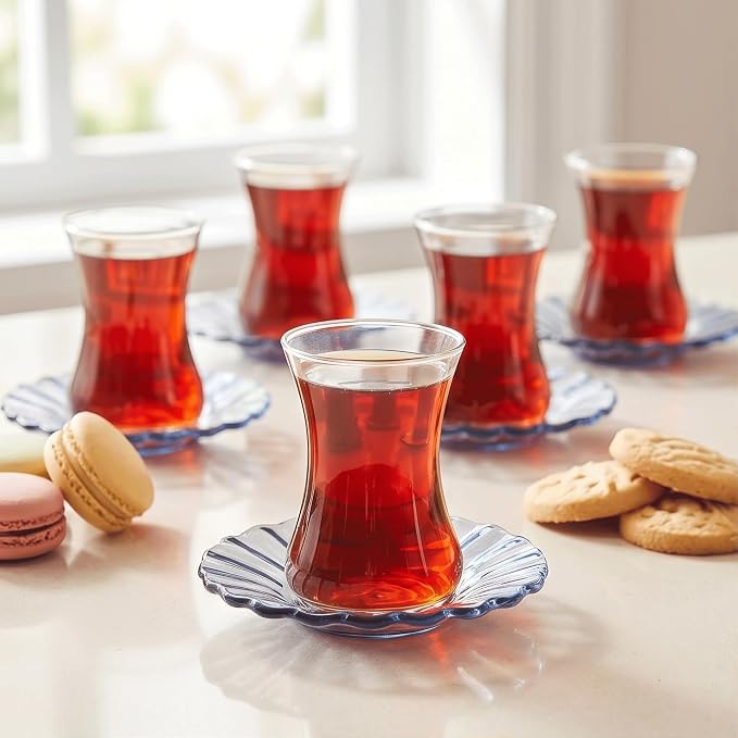 KARACA Luna 12-Piece Turkish Tea Cups for 6 People, 4.4 fl oz (130 ml) Turkish Tea Glasses Set with Elegant Light Blue Glass Saucers, Traditional Tulip Teacups, Hand Wash Recommended