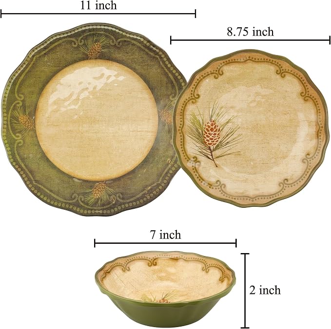 UPware 12 Piece Woodland Pinecone Melamine Dinnerware Sets, Outdoor Dishes Set, Plates and Bowls Sets, Service for 4, Dark Green