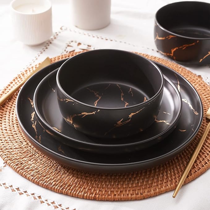 Pokini Black Gold Splash Dinnerware Sets, Marble Porcelain Plates and Bowls Sets, Modern Luxury Dish Set for 4, 12 Pieces Fine China Plates Set for Formal Dinners and Anniversaries