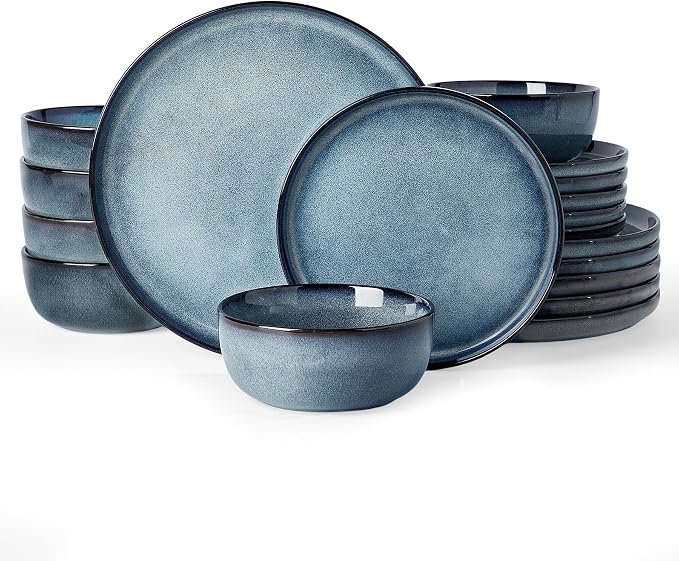 Famiware Milkyway Stoneware Dinnerware Set, 18-Piece, Double Reactive Glaze, Plates and Bowls, Service for 6, Microwave and Dishwasher Safe, Scratch-Resistant, Dusty Blue