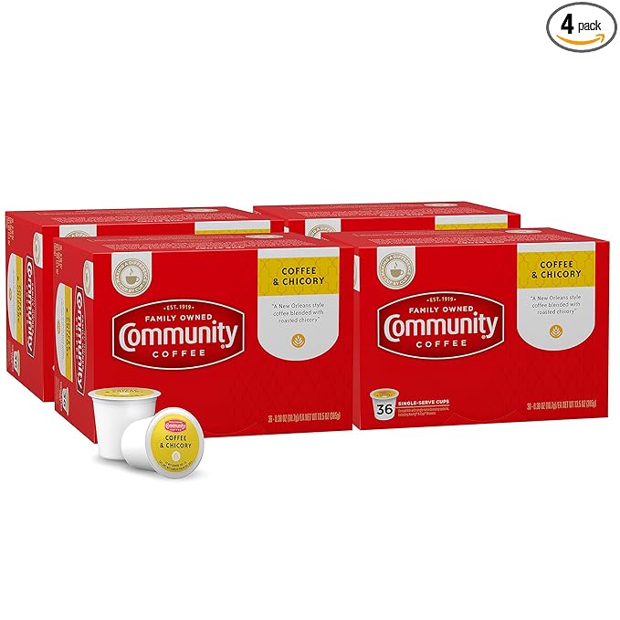 Community Coffee & Chicory 144 Count Coffee Pods, Dark Roast, Compatible with Keurig 2.0 K-Cup Brewers, 36 Count (Pack of 4)