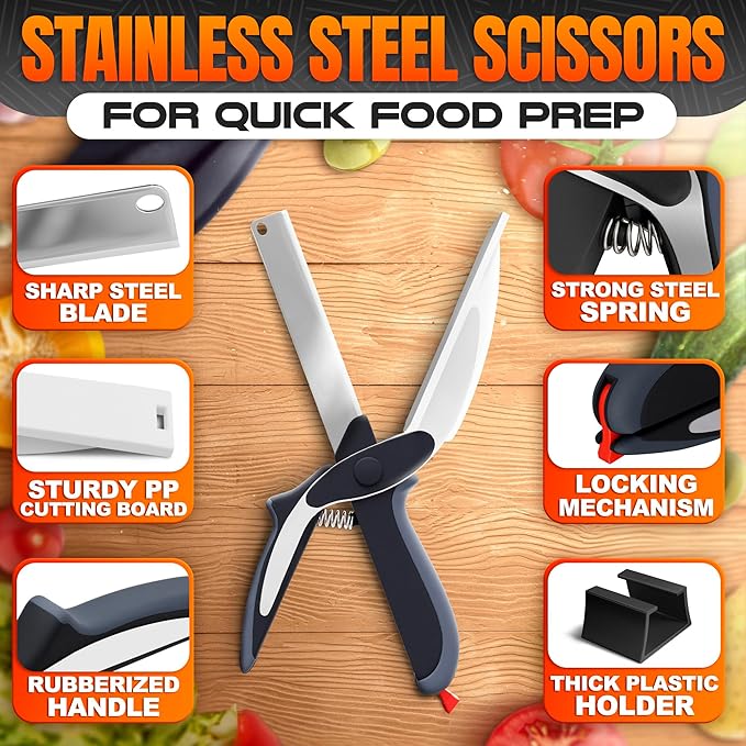 2 in 1 Cutting Board Scissors for Food - 9.6" Detachable Cheese Scissors with Cutting Board and Stainless Steel Blade - Easy-to-Use Veggie Cutter with Safety Lock, Suitable for Fruits and Vegetables
