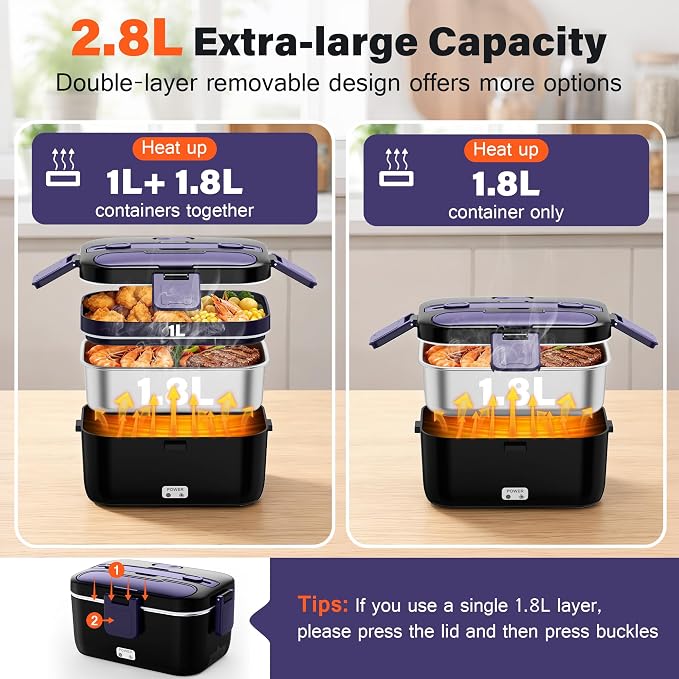 2.8L Electric Heated Lunch Box - 100W Portable Food Warmer for Adults, Leak-Proof & Dishwasher-Safe, Ideal for Car, Truck, Travel, Work, Gift for Men & Women