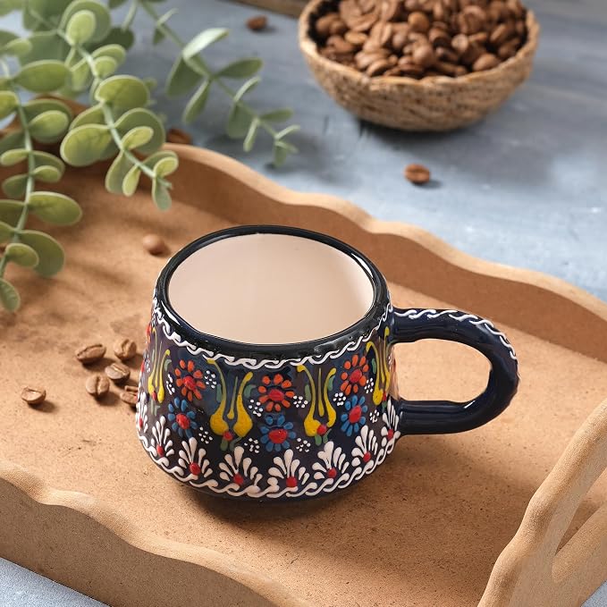 BCS 6 Oz Cappuccino Cups Set of 2, Ceramic Coffee & Tea Mugs, Colorful Handmade Cups, Dishwasher & Microwave Safe Ceramic Mugs (3 Inches, Yellow - Navy Blue)