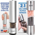 Eparé Bundle: Salt or Pepper Grinder & 2 in 1 Salt & Pepper Grinder - Battery Operated Ceramic Burr Peppermill & Space Saver Dual Mill Grinders