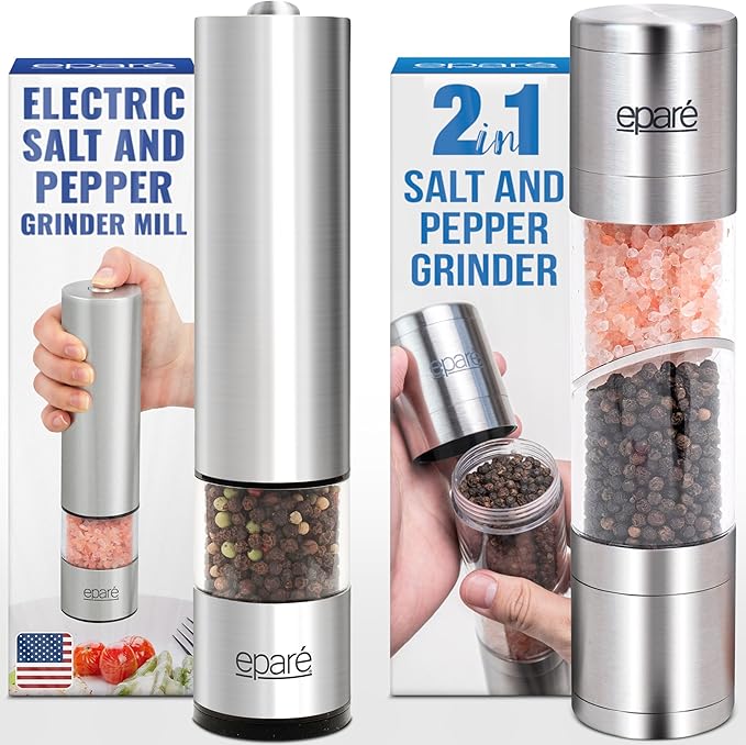 Eparé Bundle: Salt or Pepper Grinder & 2 in 1 Salt & Pepper Grinder - Battery Operated Ceramic Burr Peppermill & Space Saver Dual Mill Grinders