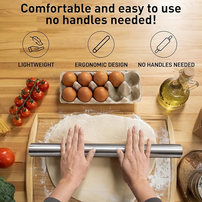 Zulay Kitchen 15.9 inch Professional Stainless Steel Rolling Pin - Lightweight Metal French Rolling Pin - Perfect for Baking, Fondant, Pizza Dough Roller, Dumpling