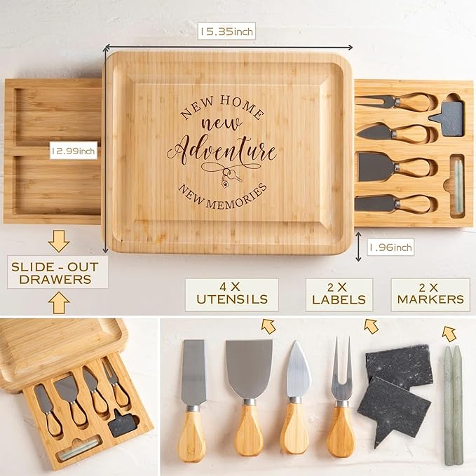 Charcuterie Board Set Gift- Housewarming Gifts for New Home Homeowner, New Home Gift Couple, Engraved Bamboo Cheese Board for Serving, First House Presents for Neighbor Friends, Realtor Closing Gifts