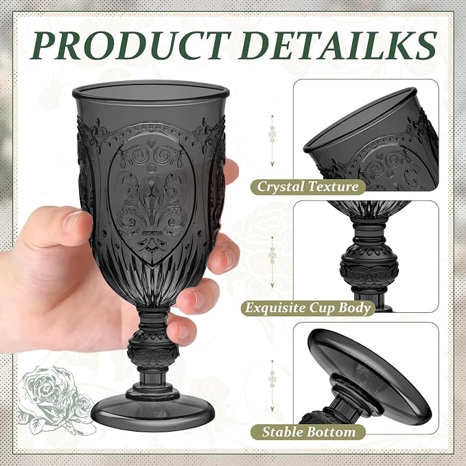 Wiwiqing 6 Pcs Plastic Goblets 7.5oz Vintage Goblet Plastic Wine Glasses Colored Retro Embossed Water Goblets for Wine Bar Juice Baby Shower Wedding Reception Grand Event Party (Black)