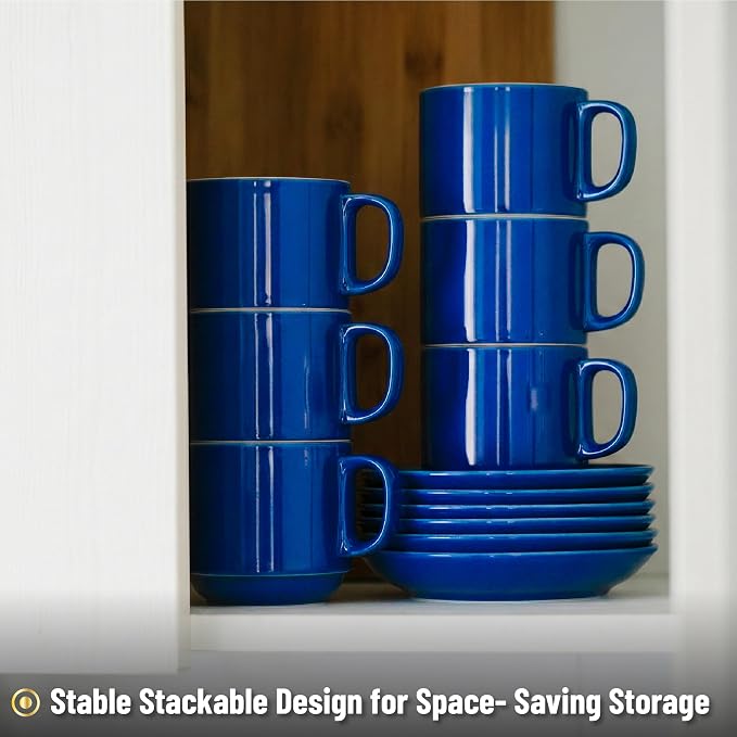 BTaT- Stackable Coffee Cups with Saucers, Set of 6, 8 Ounce, Navy Blue, Porcelain Cappuccino Cups for Coffee Drinks, Cappuccino, Latte, Espresso, Americano and Tea, Microwave & Dishwasher Safe