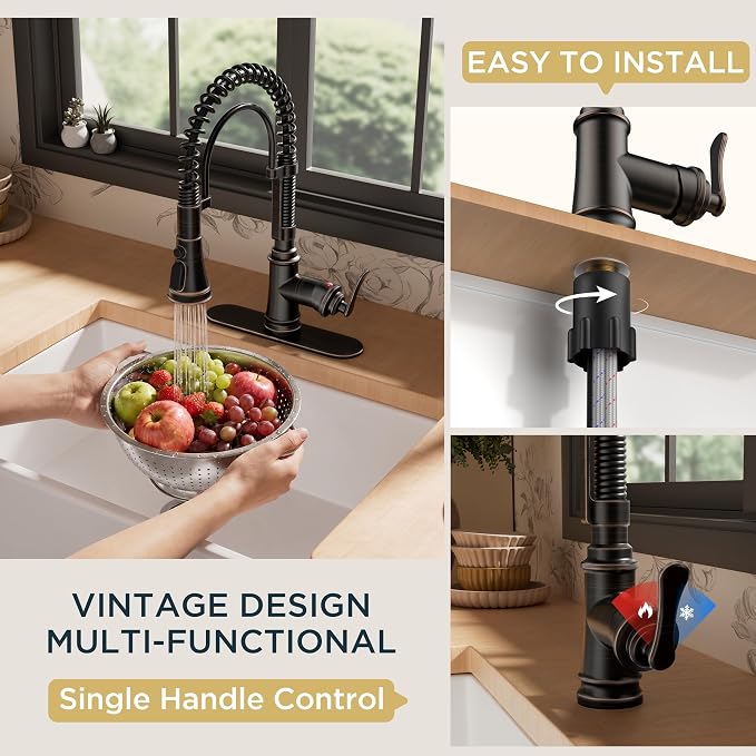 FORIOUS Kitchen Faucet with Pull Down Sprayer, Oil Rubbed Bronze, Stainless Steel Single Handle Spring Antique Kitchen Sink Faucet with Deck Plate, Sutiable for Farmhouse, RV, Camper, Wet Bar