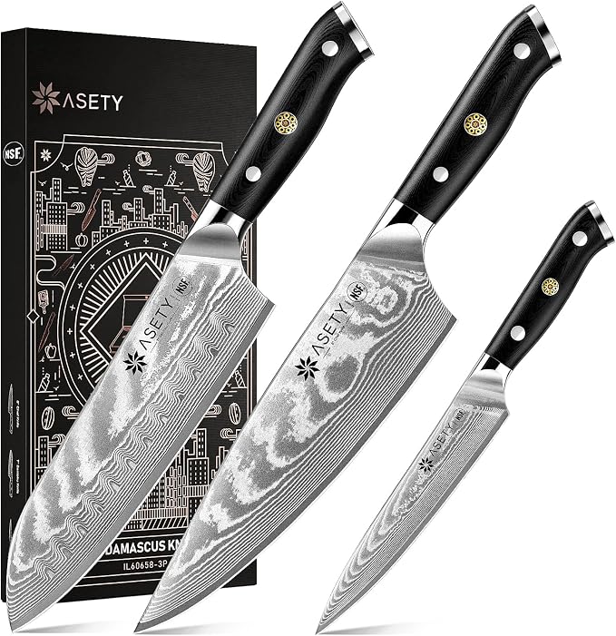 ASETY Damascus knife set 3 PCS &15 PCS Kitchen knife set, Elegant Box for Christmas
