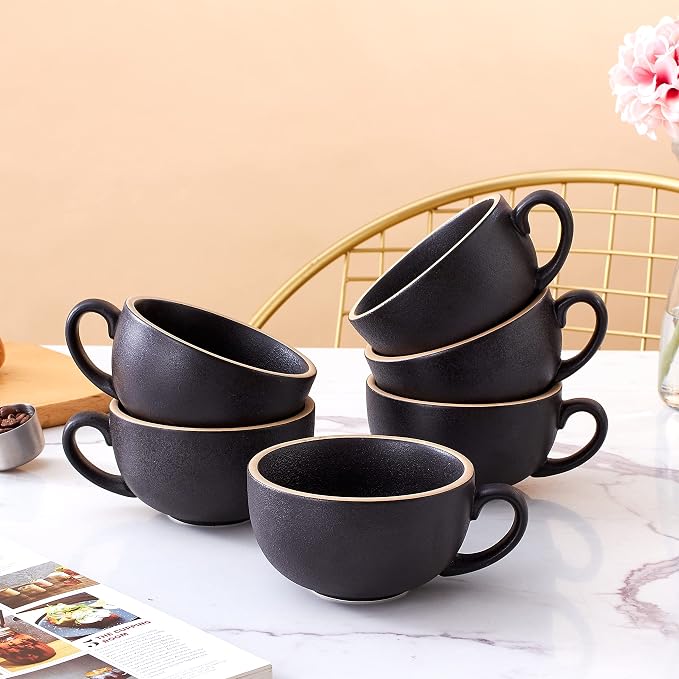 Coffeezone Set of 6 Cups Vintage Design 12 oz Professional Barista Ceramic Latte Art Cappuccino Cups Set (Rough Black * 6)
