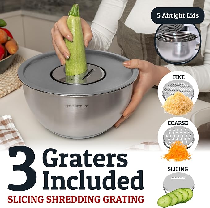 Priority Chef Stainless Steel Mixing Bowls with Lids Set, 3 Grater Attachments, Airtight Lids, Non-Slip Silicone Base Mixing Bowl Set, Large Prep Metal Mixing Bowls for Kitchen, Grey