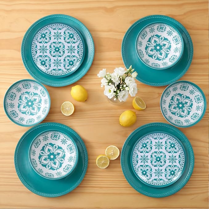 Webbylee Melamine Dinnerware Set，12-Piece Plate and Bowl Sets，Unbreakable Dish Set Service for 4–Dishwasher Safe&Lightweight Dishes,Green Dinnerware for Indoor/Outdoor Use, Gift