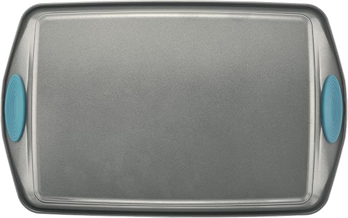 Rachael Ray Nonstick Baking Pans Set, 3-Piece Cookie Pan Bakeware, Gray with Agave Blue Silicone Grips