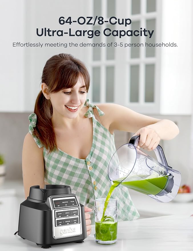 Ganiza Smoothie Blender Max 1800W, Professional Blenders for Kitchen | 64 oz Large Capacity Pitcher, 3 Manual Speeds Maker for Smoothies, Shakes, Frozen Drinks, Sauces, Salsa, Full-Size Countertop