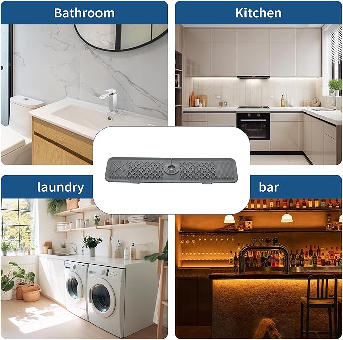 Kitchen Sink Splash Guard 24inch Grey Silicone Faucet Mat Draining Mat Longer Silicone Faucet Handle Drip Catcher Tray Bathroom Countertop Protect Mat for Kitchen Bathroom, Drip Protector Splash