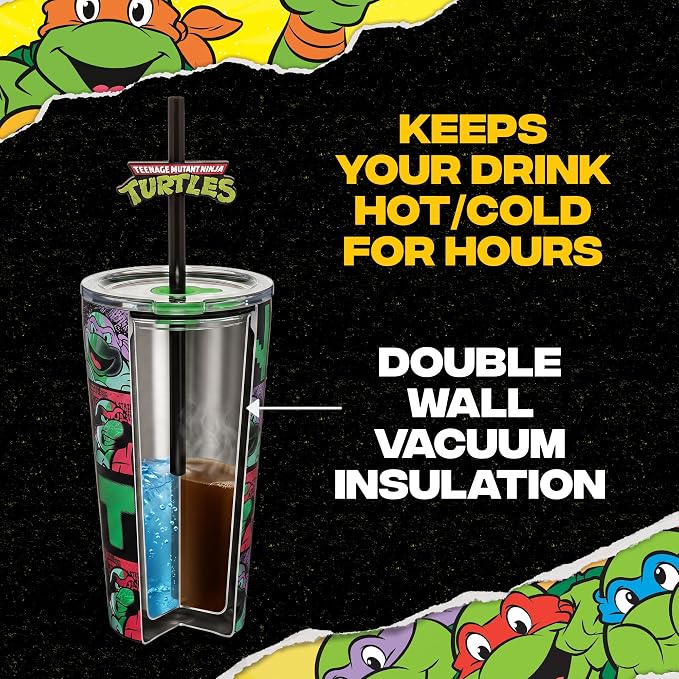 Dragon Glassware x Teenage Mutant Ninja Turtles Insulated Tumbler, 16 oz | Vacuum Insulated Stainless Steel Tumbler with Straw & Lid; Double Walled TMNT Tumbler with Straw Topper; Ninja Turtle Cup