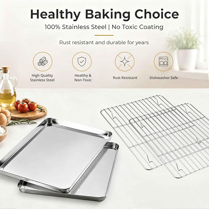 Onader Baking Sheet with Cooling Rack Set of 2, 16x12 Inch Stainless Steel Cookie Sheets for Baking, Metal Jelly Roll Pan with Rack for Oven, 2 Pans + 2 Racks, Nonstick & Rust Resistant