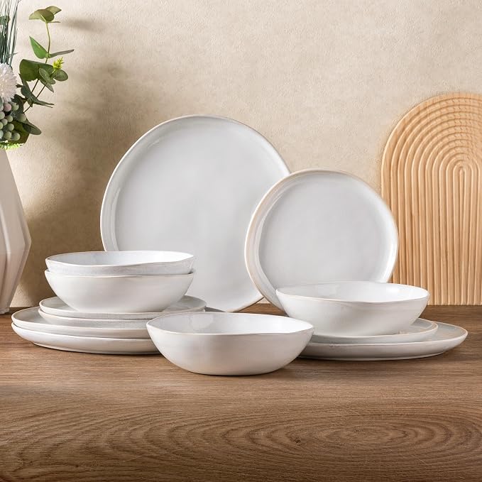AmorArc Ceramic Dinnerware Sets,Handmade Reactive Glaze Stoneware Plates and Bowls Sets,Highly Scratch Resistant | Dishwasher & Microwave Safe Dishes Set,Service for 4 (12pc)